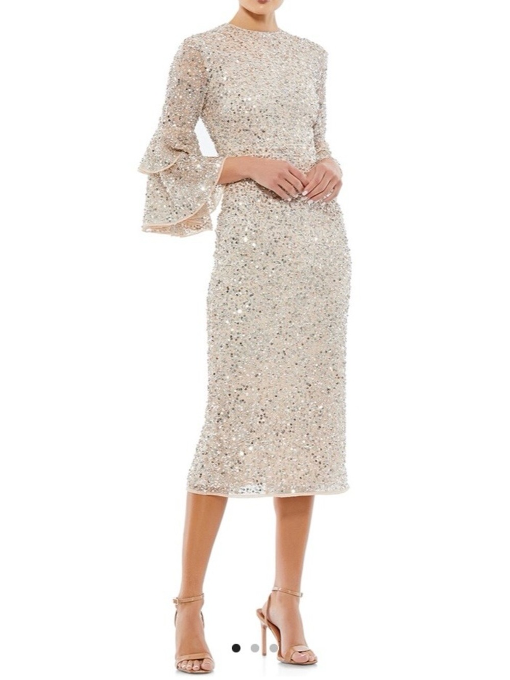 Mac Duggal Blush Sequin Midi Dress with Tiered Bell Sleeves